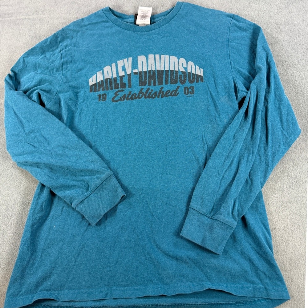Harley Davidson Amarillo Texas Long Sleeve Graphic T-Shirt Mens Medium Teal Blue